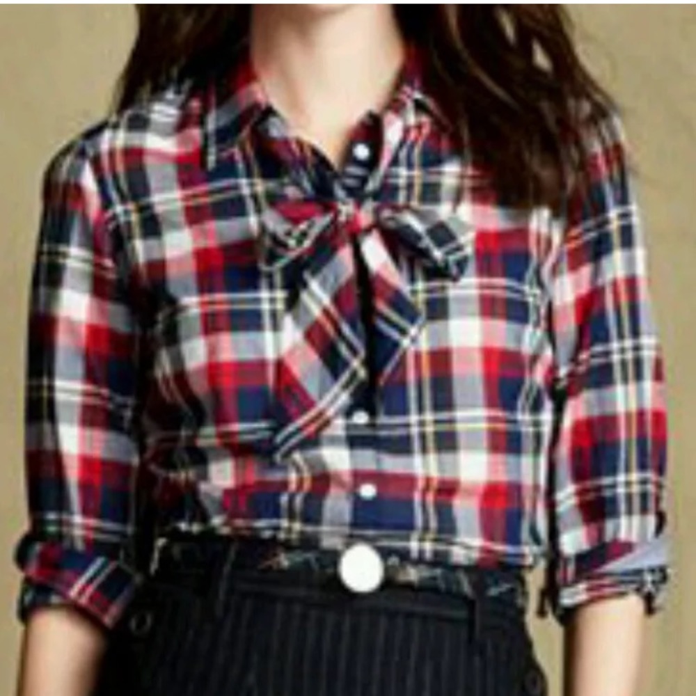 Tommy Hilfiger Plaid Tie-Neck Blouse